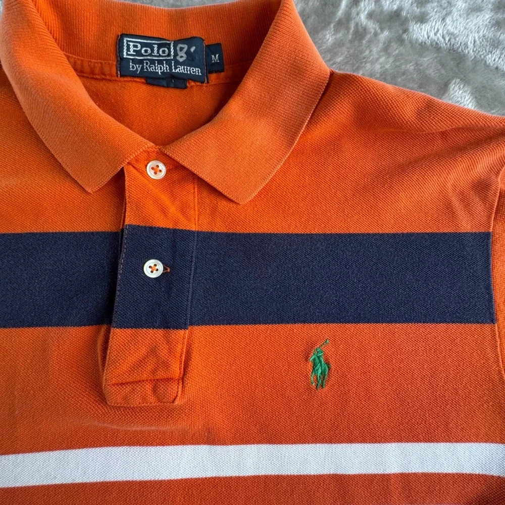 Polo Ralph Lauren Polo Shirt Mens M Orange Navy White Striped Preppy Pique Top
